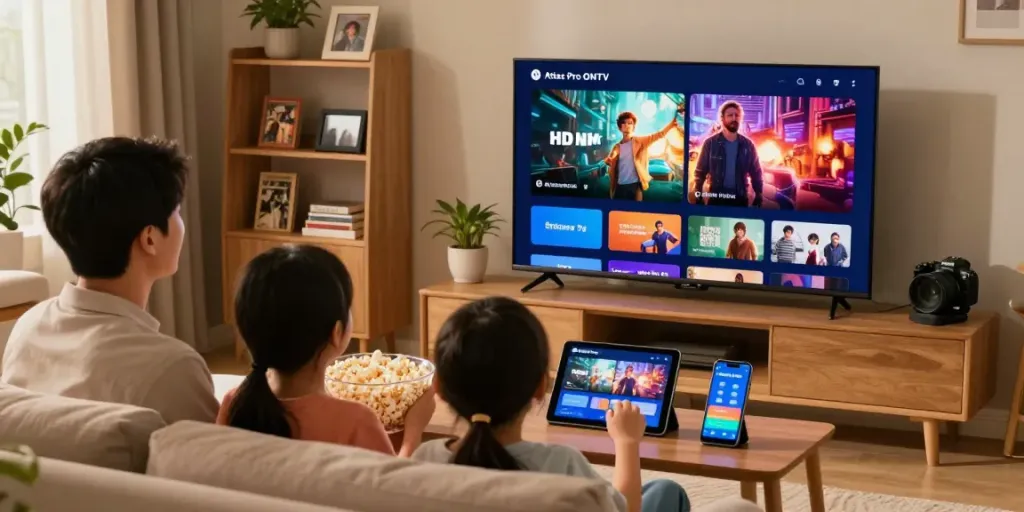 Profitez de l'application Atlas Pro pour une soirée cinéma en famille dans un salon chaleureux.
