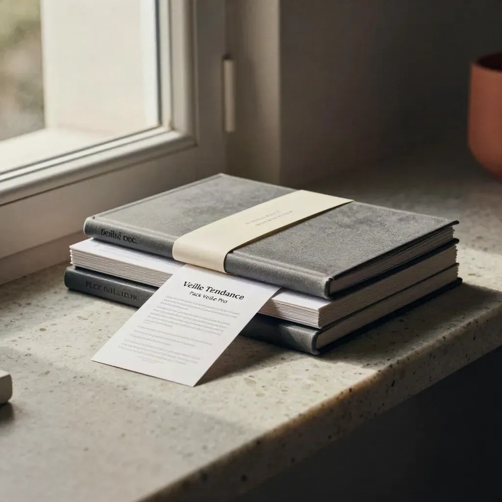 Pack Veille Pro premium sur travertin, avec étui mince et carte, dans un atelier minéral.