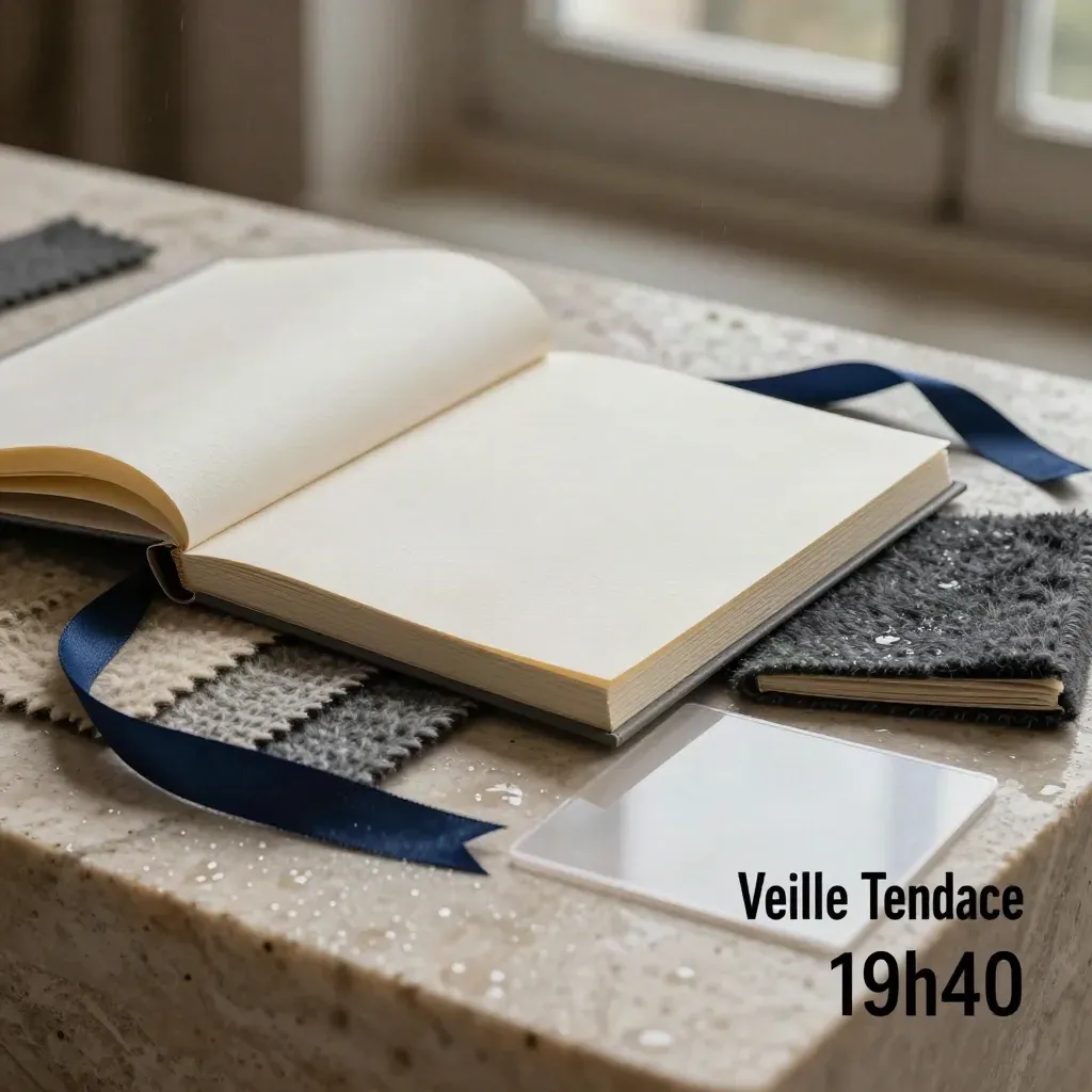 Folio mode ivoire, échantillons de laine, ruban de soie et pierre mouillée sous lumière dramatique.