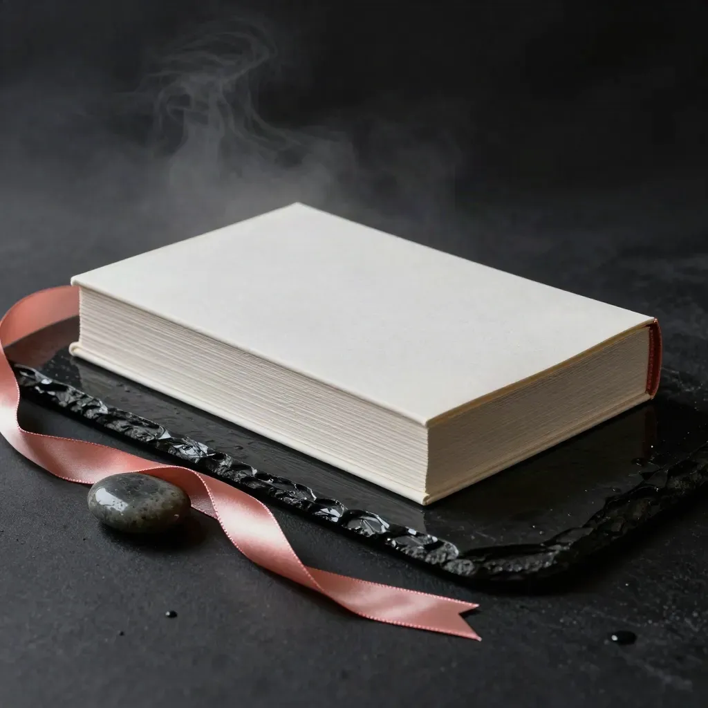 Digest luxe sur pierre noire mouillée, galet lisse et ruban satiné dans une brume froide.