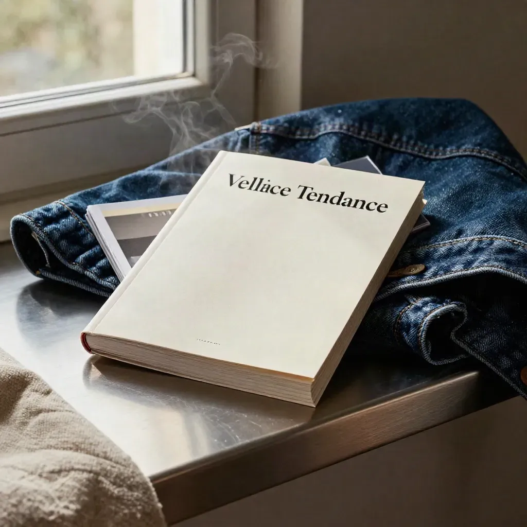 Brief consommateur Gen Z entre veste denim, magazine fermé et coque fumée, lumière douce.