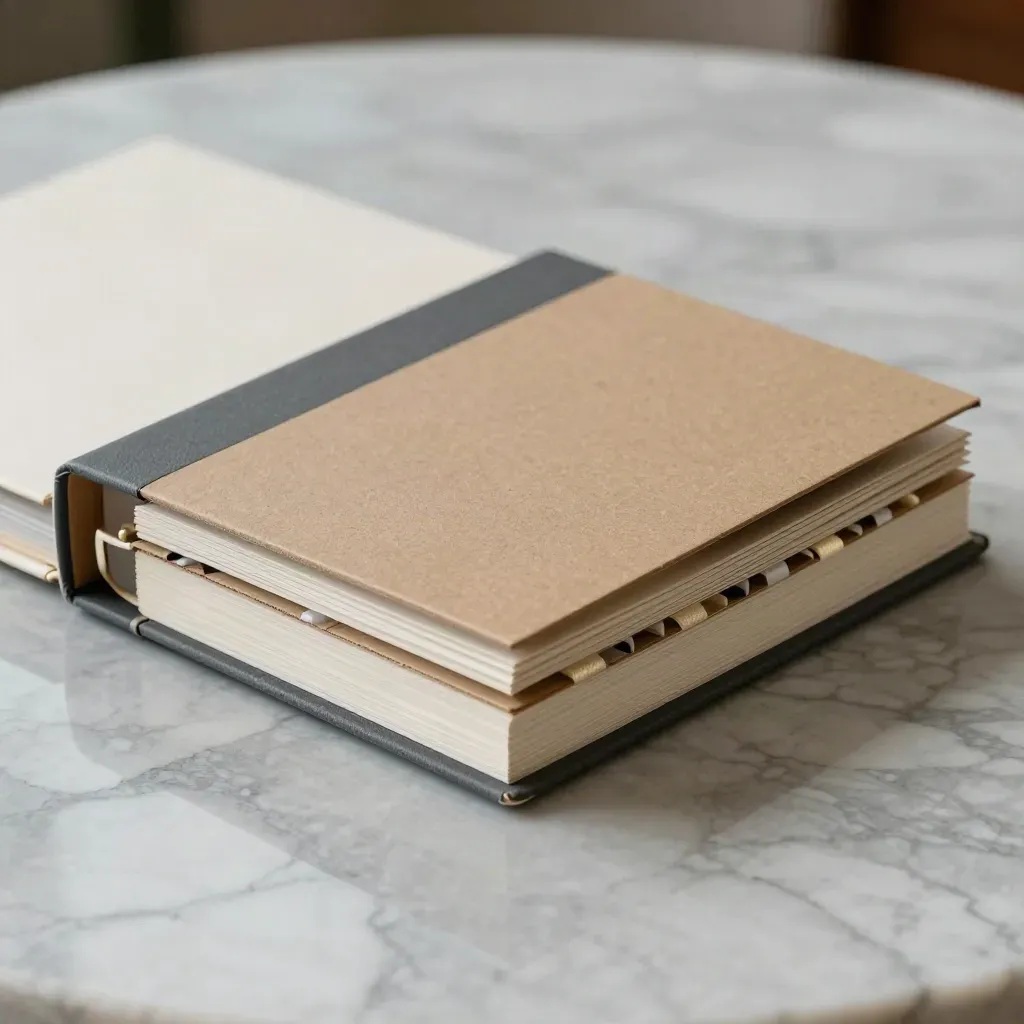 Classeur rigide de signaux retail dans une fente de marbre, avec échantillons carton et ruban papier.