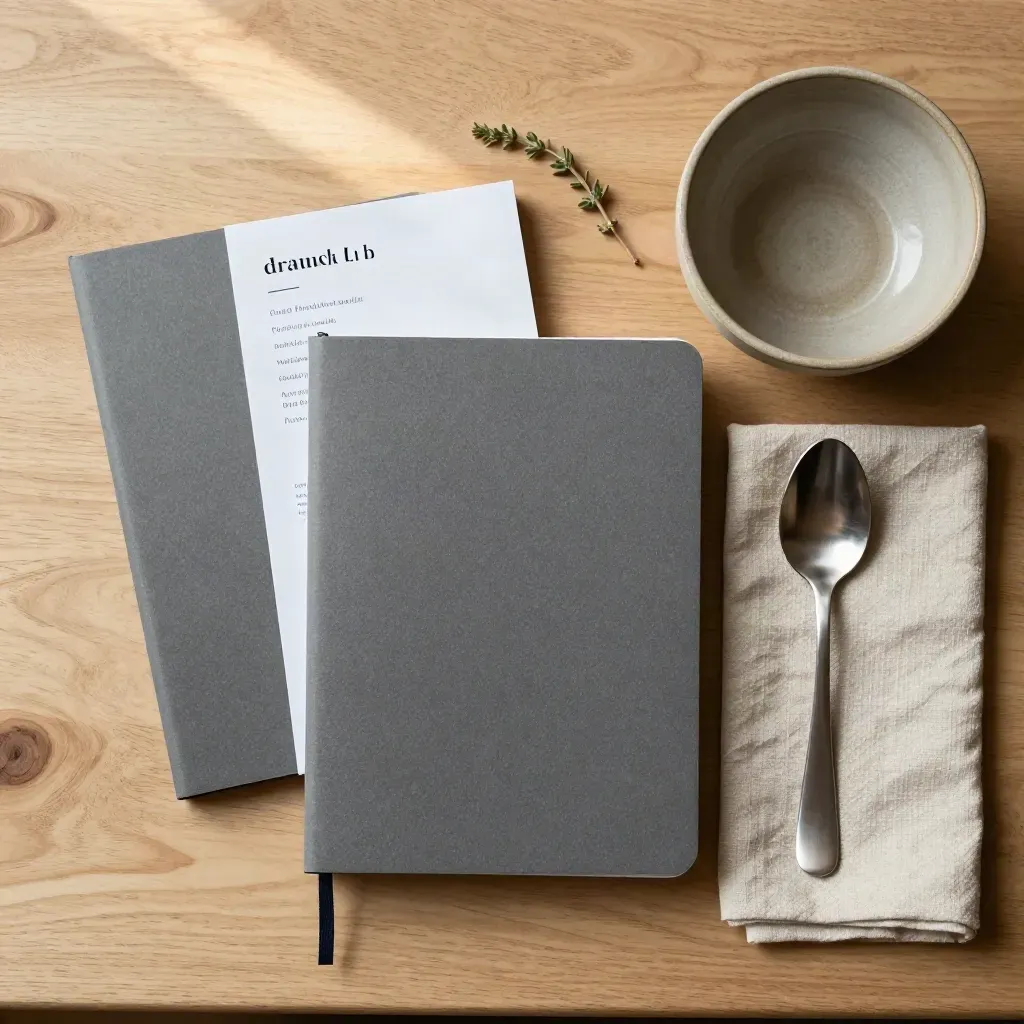 Flatlay de cahiers de veille food, cuillère, lin, bol vide et herbe sur bois clair.