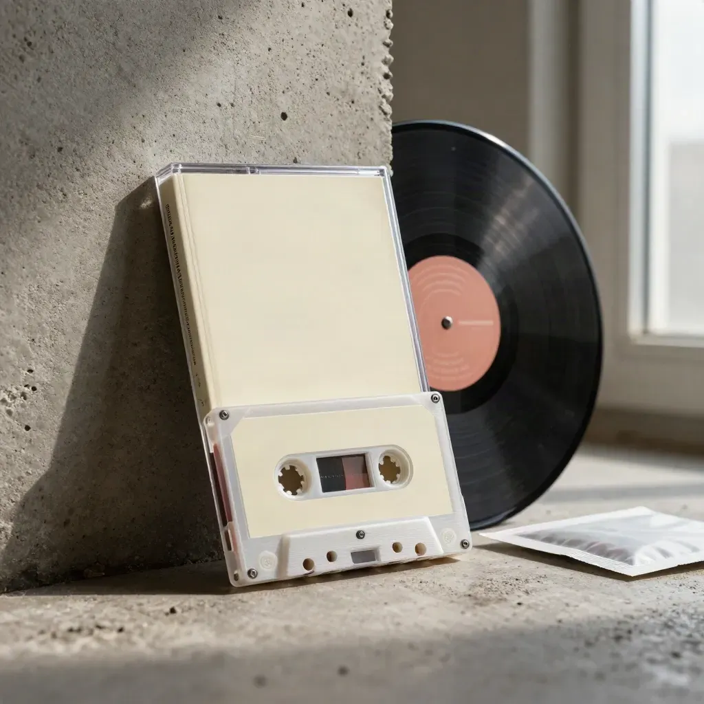 Carte crème de culture urbaine, cassette audio, vinyle flou et sachet opaque sur béton, éclairage rasant.