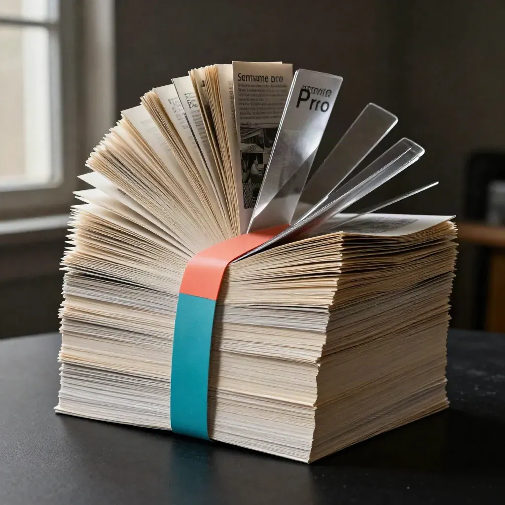 Pile de folios ivoire avec insert cyan et bande corail sur fond noir fumé.