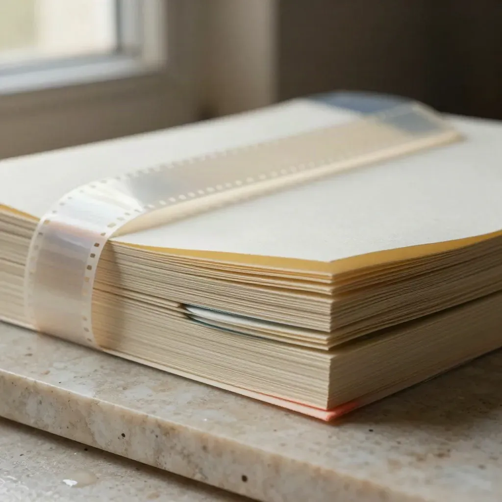 Rapport beauté en feuillets ivoire sur travertin humide, avec film translucide et deux disques mats.