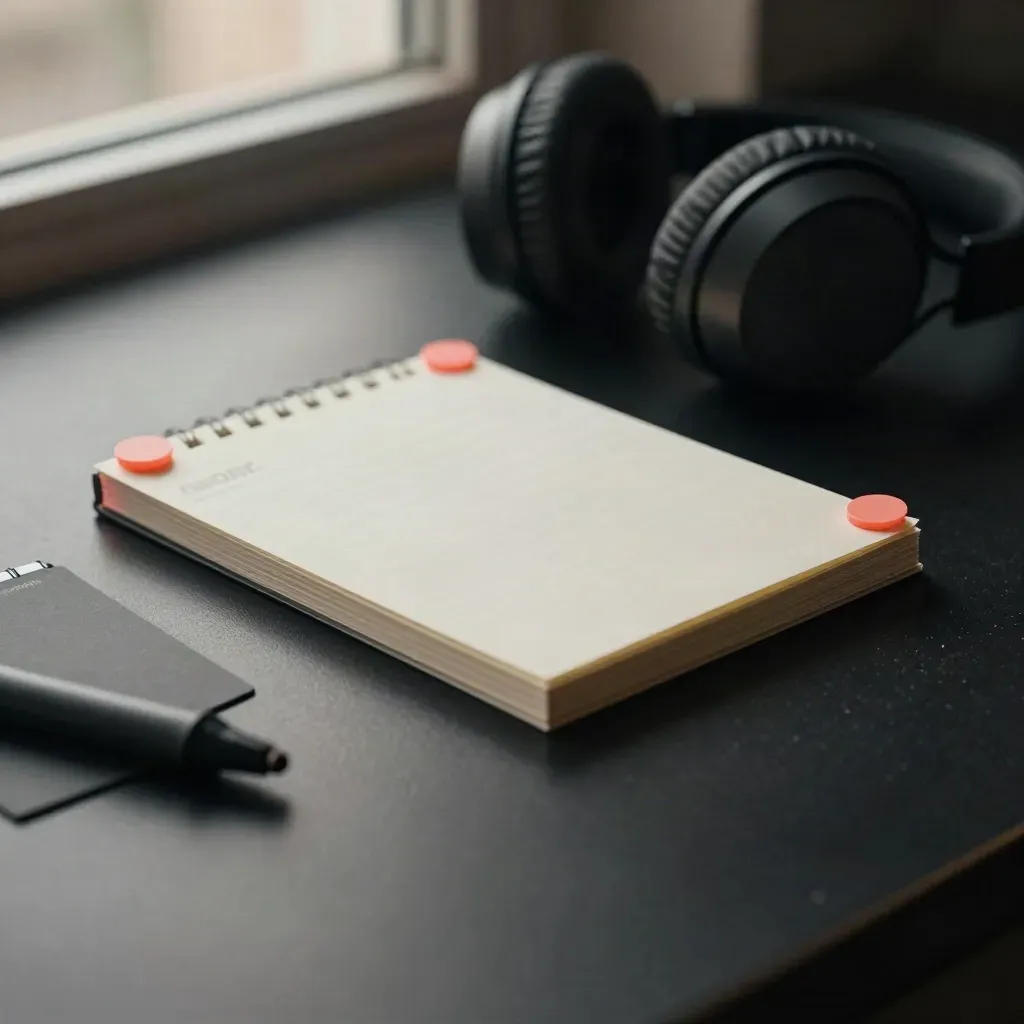 Note tendance Gen Z France sur fond noir, avec disque corail et casque flou.