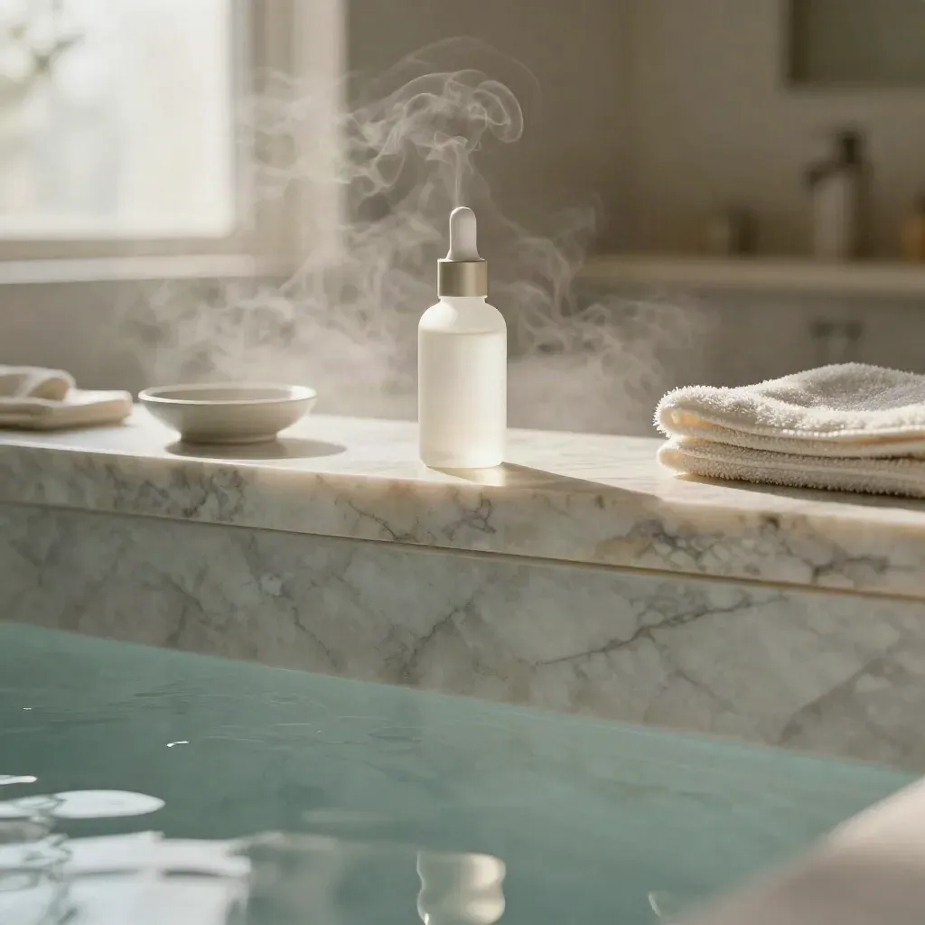 Salle de bain spa en marbre clair, vapeur sur miroir et surface humide, ambiance douce et luxueuse.