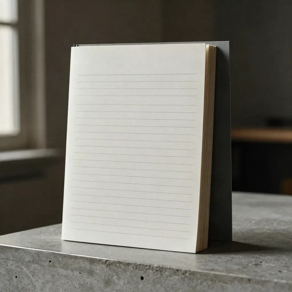 Classeur rigide Conso France sur socle en béton, vue monumentale, tons gris et papier vierge.