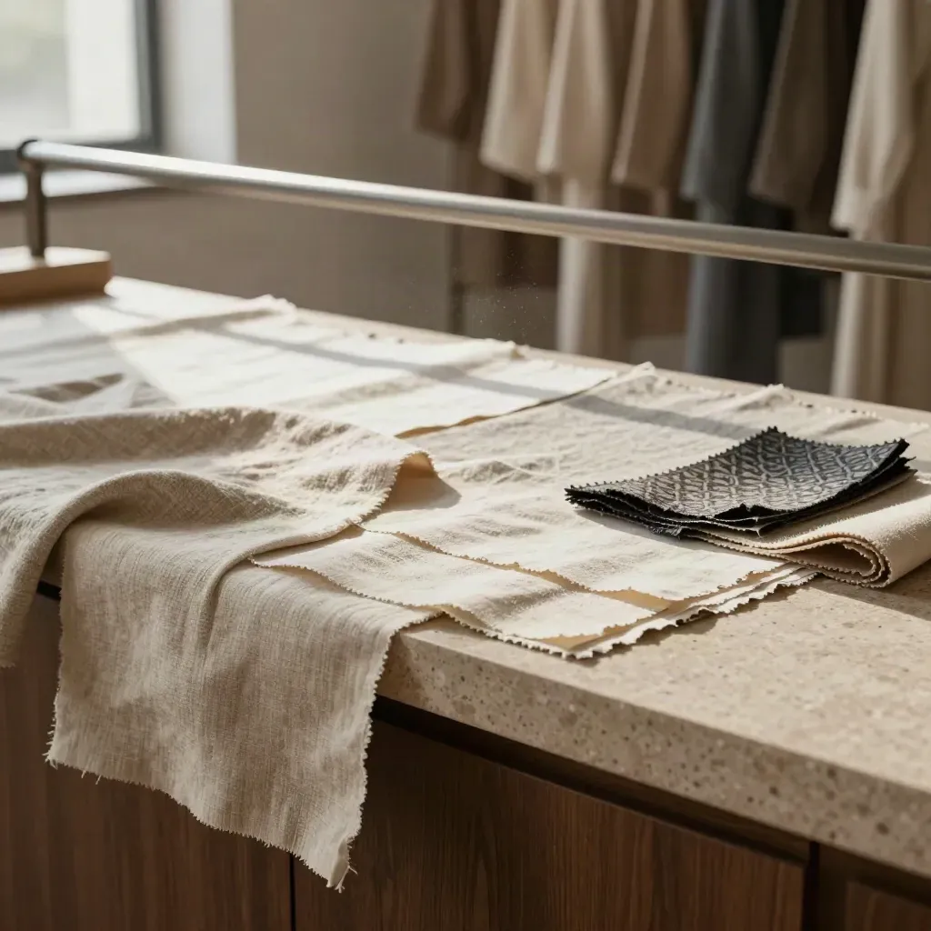 Atelier de mode en travertin et lin, portant flou en haut, lumière douce, espace vide pour le titre.