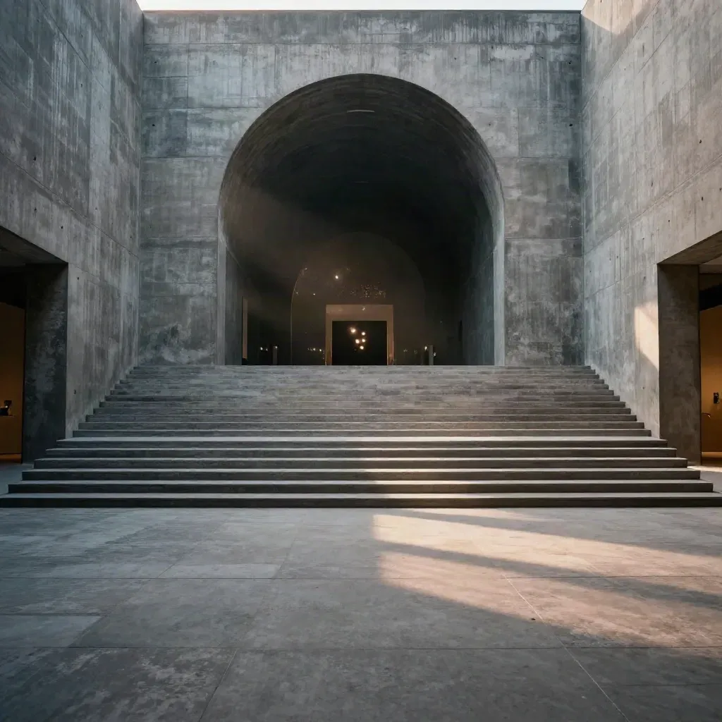 Cour de musée en béton brut, arche sombre et escalier de pierre, lumière du soir.